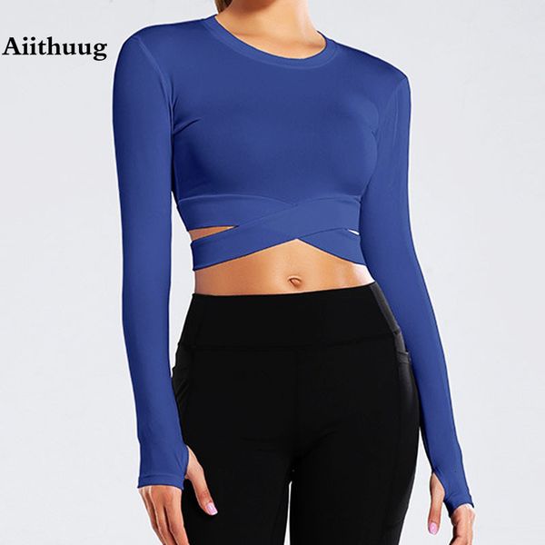 

women's t-shirt aiithuug miidriff long sleeve yoga sports fitness crop gym shirts slim fit running tank criss cross waist cross 23082, White