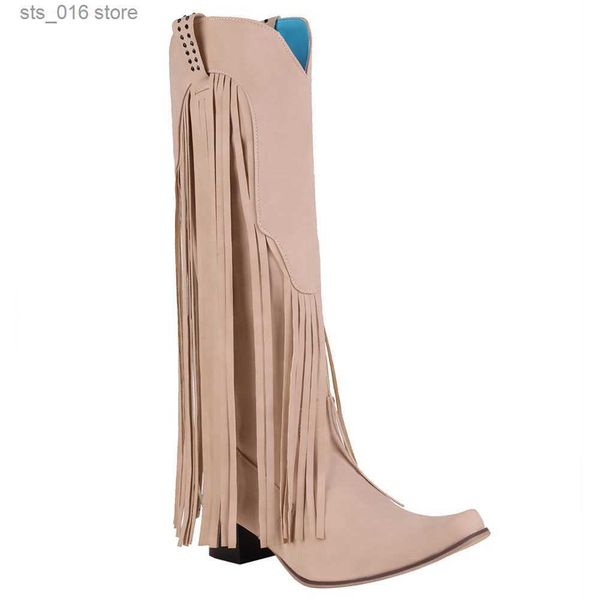 

boots bonjomarisa new arrival cowboy western long knee-high boots women stacked heeled fringe retro casual ridding boots autumn shoes t23082, Black