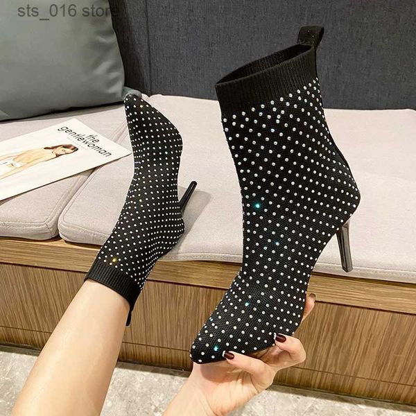 

boots 2023 fashion crystal rhinestone stretch fabric ankle boots for woman pointed toe shoes party modern autumn booties t230824, Black