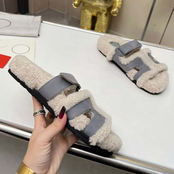 

fashion designer shoe luxury women wool sandals slippers woman slipper shoes brand autumn winter slides fur sandal casual shoes size brand w, Black