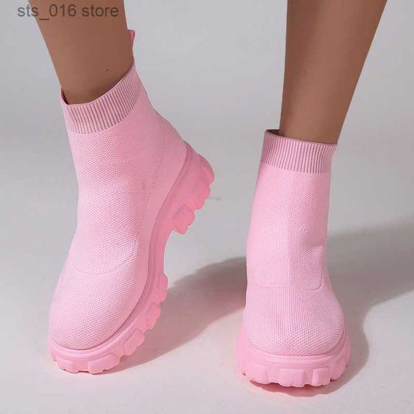 

boots booties woman winter 2023 net red knitted stretch chunky heels ankle boots comfort pink platform slip-on snow boots plus size 43 t2308, Black