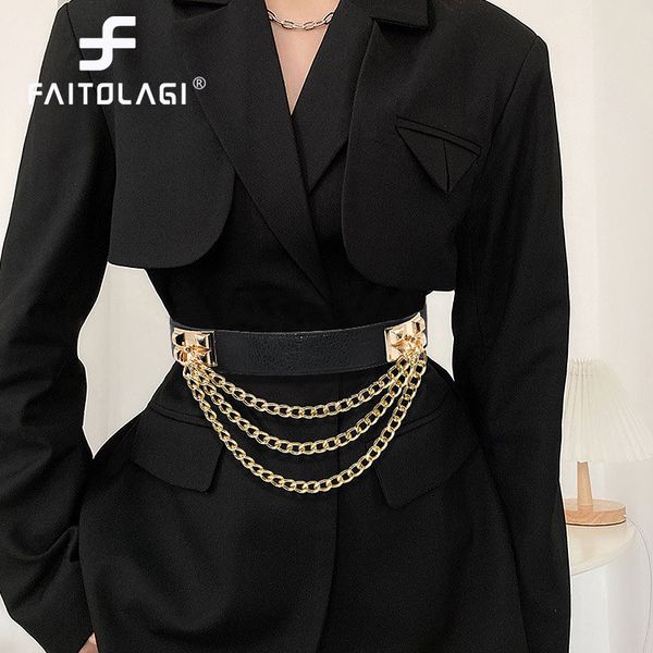 

waist chain belts multilayer gold metal chains women belt black pu leather elastic wide straps punk rivet suit decor dress waistbands 230825
