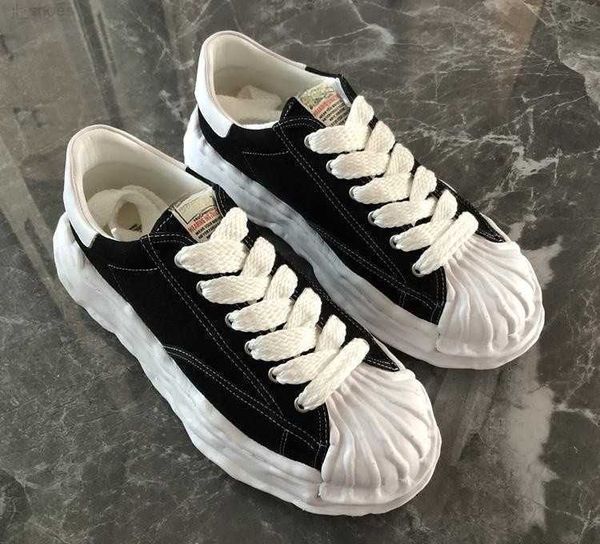 

maison mihara yasuhiro mmy dissolved shoes women's flat sole board shoes sports shell head thick sole canvas small white shoes, Black