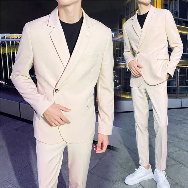

men's suits blazers four seasons long sleeve suit trousers simple light ripe loose british dress handsome solid color small two sets 23, White;black
