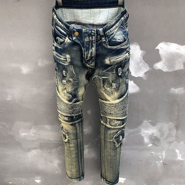 

men's jeans hip hop men stretch slim jean fall designer retro locomotive motorcycle patchwork fashion brand high street 230824, Blue