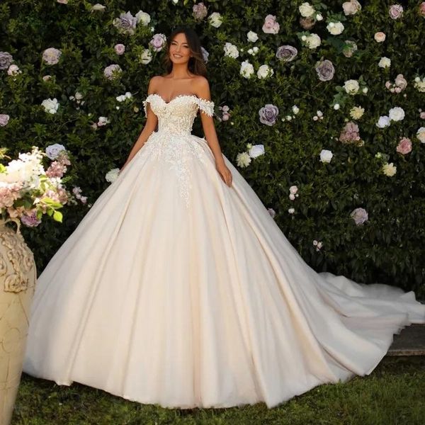 

charming sweetheart zipper ball gown wedding dress romantic off shoulder appliques lace tull princess bridal gown, White