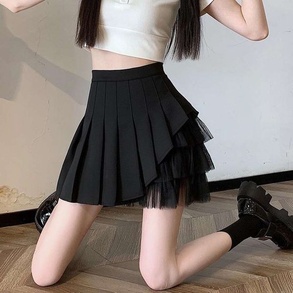 

black mesh pleated skirt high waist a line slimming for women summer short college