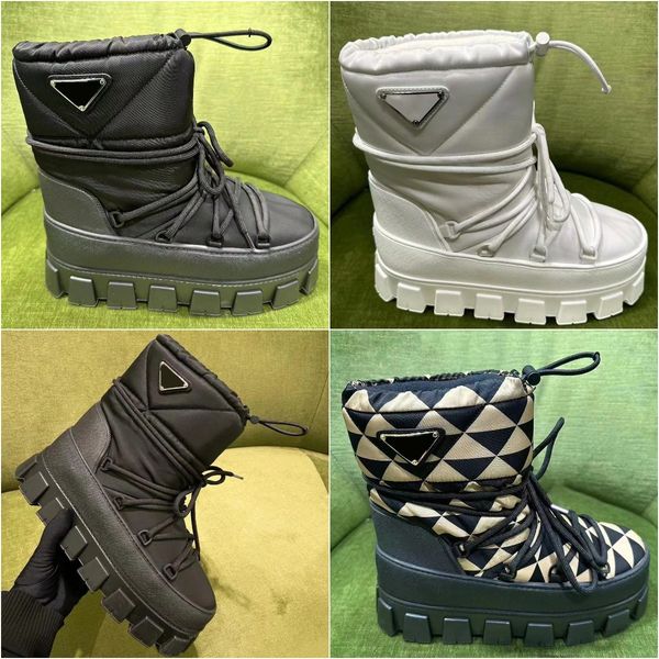 

plaque snow boots designer nylon gabardine apres-ski boots luxury women autumn and winter new logo waterproof cloth warm big teeth thick sol, Black