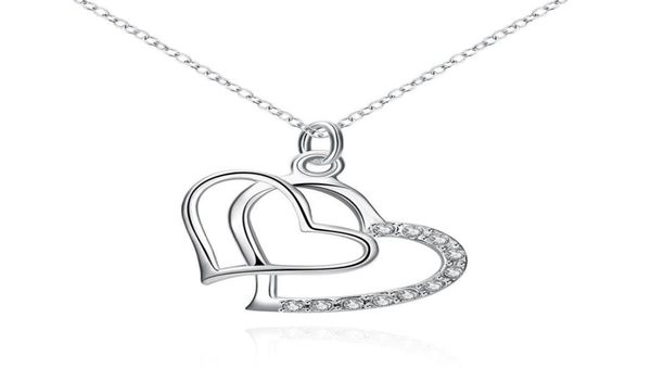 

fashion jewelry plated 925 sterling silver inlaid zircon double heart pendant necklace 3892089