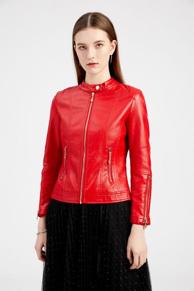 

2023 autumn winter women's pu leather jackets stand collar zip spliced woman's faux fur short slim coats nxhp001, Black