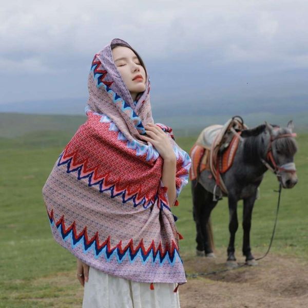 

vintage ethnic style wavy cotton scarf sunblock beach towel yunnan travel decorative shawl woman, Blue;gray