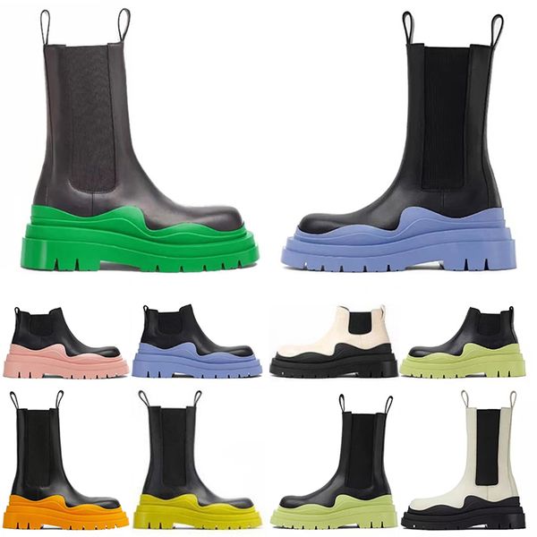 

womens mans boots luxury tire lean leather chelsea women booties anti-slip wave colored rubber elastic webbing boot cream pinnk green design, Black