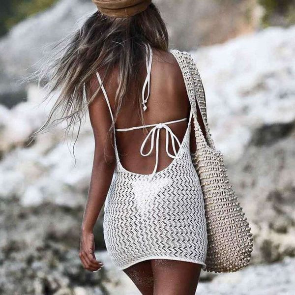 

summer womens knitted hollowed out skirt backless strap blouse with short sunscreen shirt sleeveless beach dress, Black