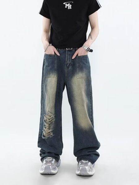 

men's jeans yihanke american retro straight ripped pants male high street trousers baggy men clothing 230824, Blue