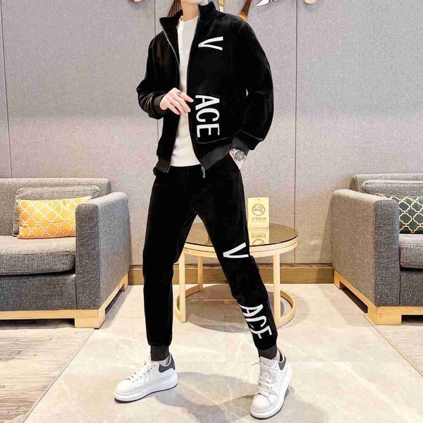 

high version men tracksuits velvet jacket pants two-piece set vers designer tracksuit slim fit sports zipper jackets men's sweatpants s, Gray