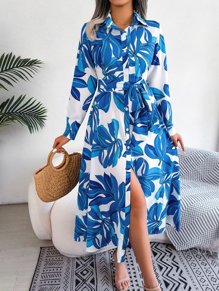 

basic casual dresse floral print long sleeve maxi shirt dress 230824, Black;gray