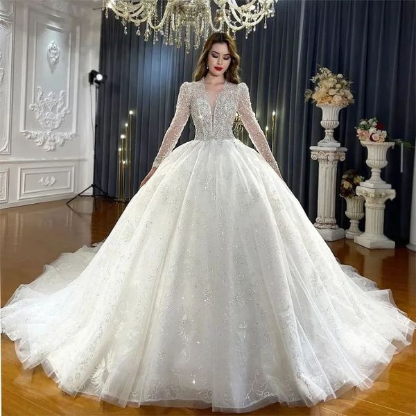 

luxury o-neck beading long sleeves ball gown wedding dress 2023 gorgeous appliques lace court train vintage bridal gown, White