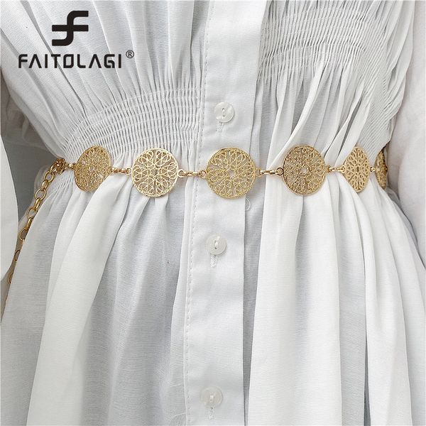 

waist chain belts elegant round metal belt for women retro gold silver carved hollow out long fashion dress decorative lady waistband 230825