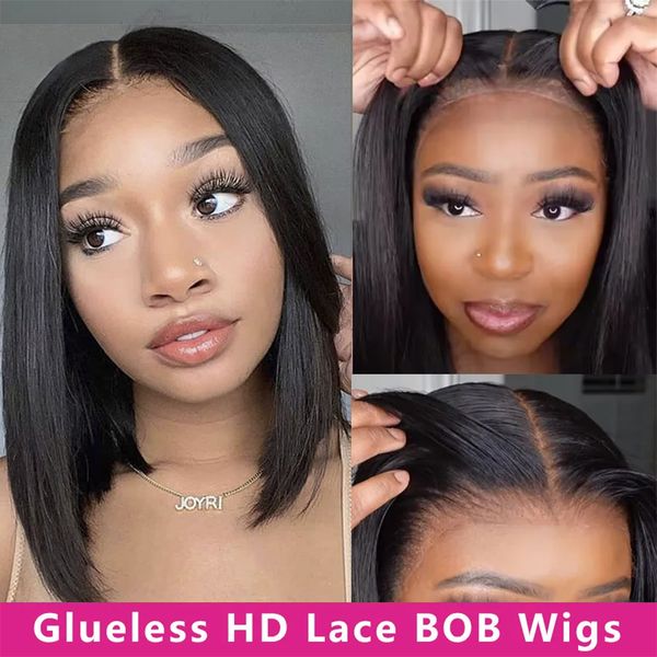 

Bob Glueless Wig Human Hair Ready To Wear Preplucked Straight Bob Human Hair Wig Wear and Go 13x4 Lace Front Closure Wig Pre Cut, Natural color