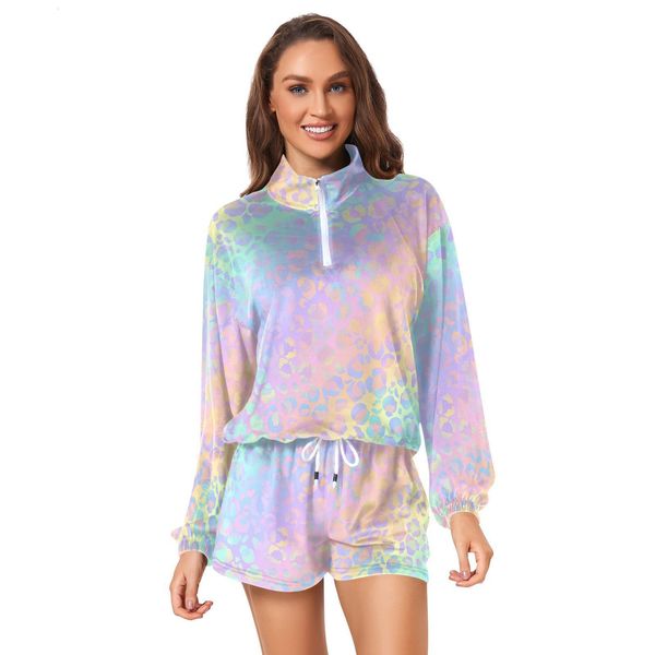 

women's hoodies sweatshirts sporty sweatsuits ladies twopiece leopard print zippered cropped hoodie and shorts suit sportswear for wome, Black