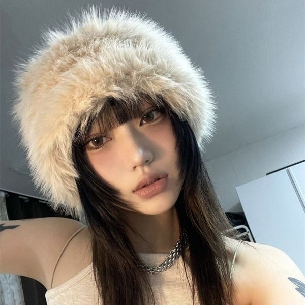 

wide brim hats bucket hats japanese plush hat women winter thickened warm bucket hats korean outdoor solid color ear protection imitation mi, Blue;gray