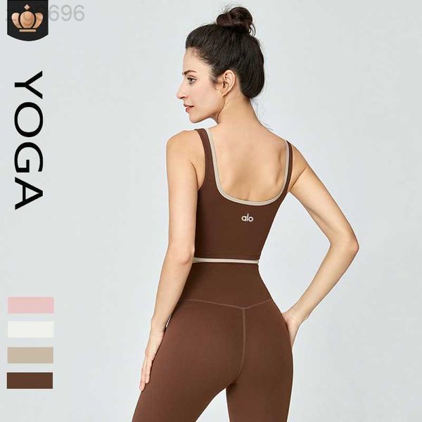 

desginer alos yoga bra alois nude skin friendly color blocking camisole which can be worn externally as a versatile fitness bra, White