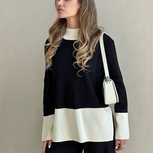 

women's suits blazers knit slit sweater matching sets 2 piece knit pant suit casual knitted two piece women sets winter tracksuit women, White;black