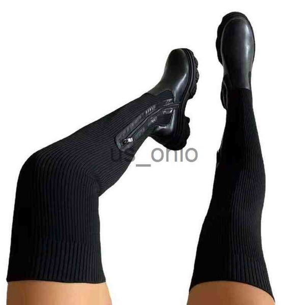 

boots women boots autumn and winter thick soled over knee boot 's elastic flying knitting wool high tube round head breathable single s, Black
