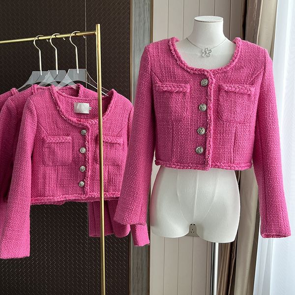 

women's wool blends fashion fall winter womens long sleeve spliced metal button pockets short jacket tweed casual woven lace rose red c, Black