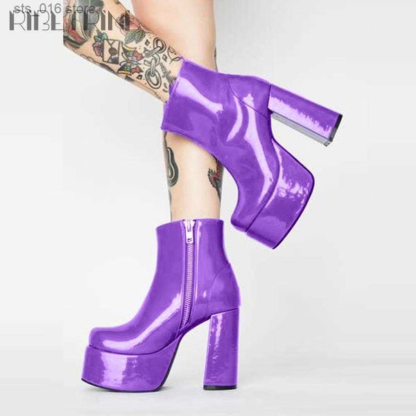 

boots ribetrini ladies block heel zipper candy color fashion shoes round toe platform ankle women boots punk winter boots t230824, Black