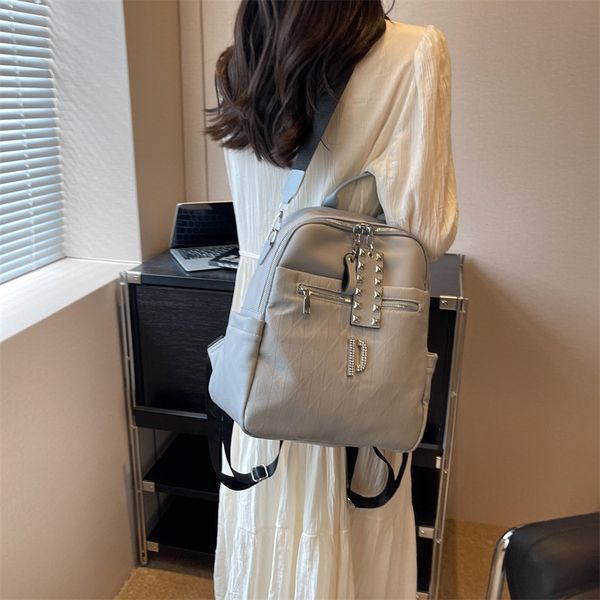 

Western women shoulder bag 5 colors daily Joker solid color embossed leather leisure backpacks personality trend rivet backpack classic diamond handbag, Khaki