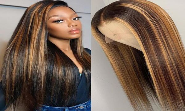 

highlight brown mixed blonde brazilian wigs straight human hair machine made synthetic ombre lace frontal wig4408504, Black