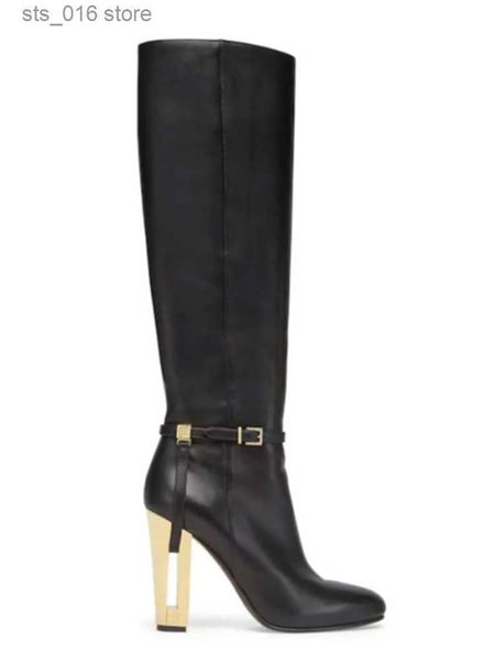 

boots 2023 european and american new hollow thick high heel knee length boots square head sleeve boots fashion show knight boots t230824, Black