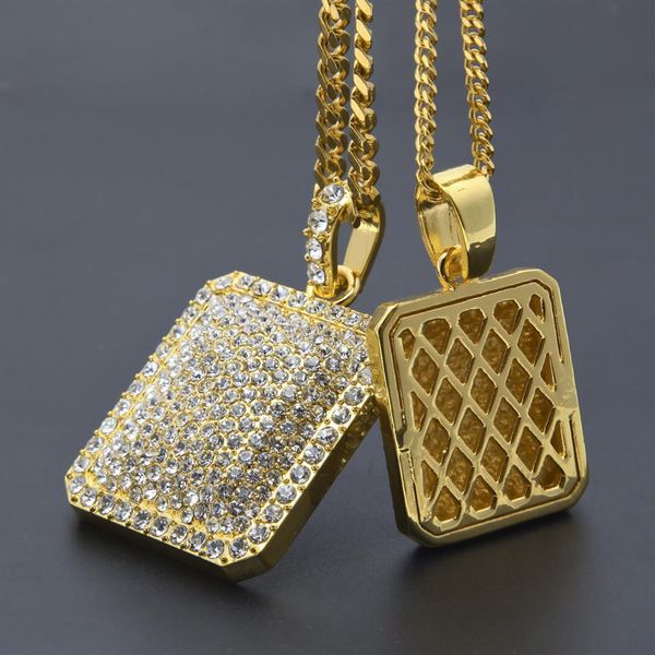 

hip hop men's rhinestone square pendant necklace gold filled blingbling military license charm cuban chain for man hip-hop je203g, Silver