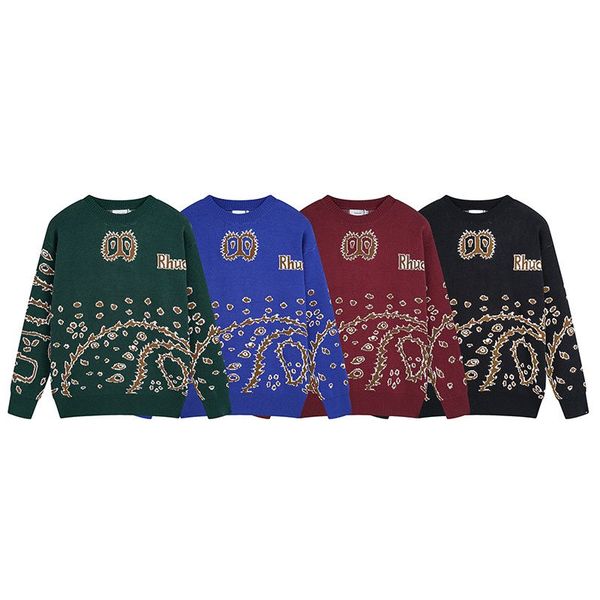 

rhude jacquard colorblock round neck sweater cashew flower knit american high street casual loose sweater men's and women's pullov, White;black
