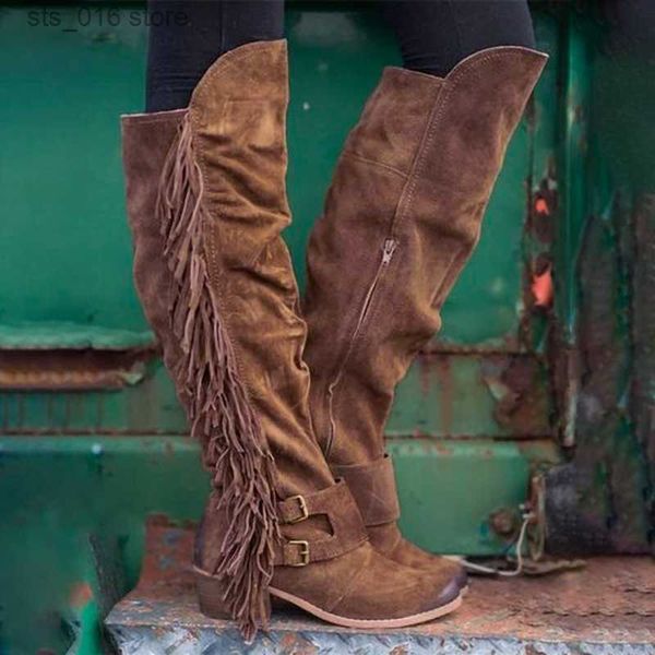 

boots bonjomarisa new brand fringe ridding mid calf boots for woemn cowboy chunky pointed toe white punk western brand boots woman t230824, Black