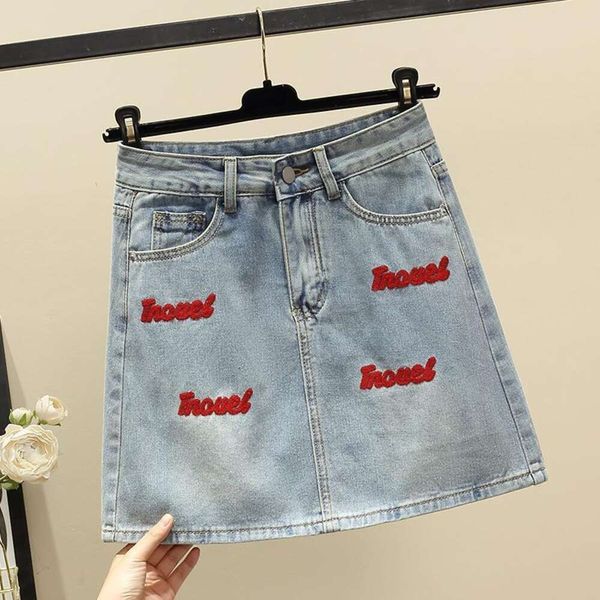 

item title large size skirt womens clothing embroidered denim short woman slightly high waist anti revealing cross, Black