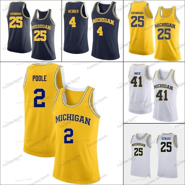 

college basketball michigan 25 juwan howard jersey 2 poole 4 chirs webber 41 glen rice 5 jalen rose vintage navy blue yellow mens university, Black;red