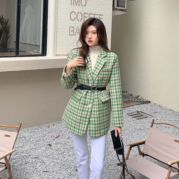 

women's wool blends fashion tweed houndstooth green blazers jacket women coat loose spring autumn korean suit collar casual female outw, Black