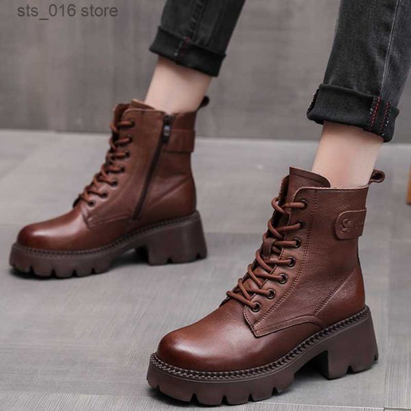 

boots genuine leather shoes women boots zip round toe flat with handmade concise leisure sewing platform boots t230824, Black