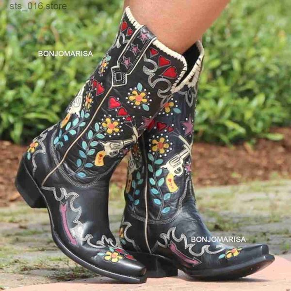 

boots bonjomarisa brand cowboy embroidery floral western boots for women slip on mid calf boots woman casual design shoes woman t230824, Black