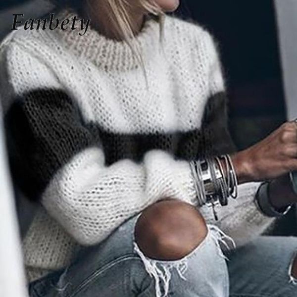 

women's sweaters 2023 elegant striped soft knitted sweater women's loose stitching thermal winter casual oneck pullover 230824, White;black