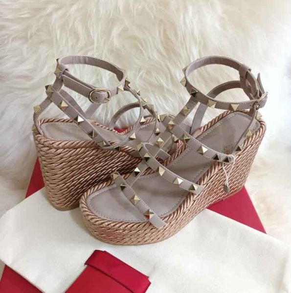 

designer garava women sandal high heels shoes wedge stud leather espadrille sandals strap summer wedges flats wedding bride heeled with box, Black