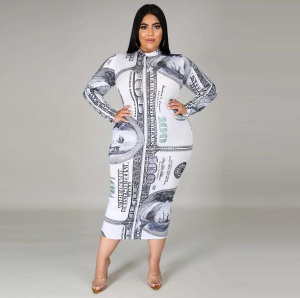 

plus size drs zjfzml zz women clothing dress 2022 money dollar print long sleeve bodycon mid calf drop wholesale9261692, Black