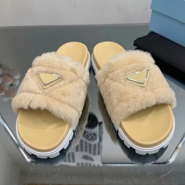 

chypre designer brand sandals lambswool slipper women fur woolen plush sliders lambskin sandals flat heel slippers home shoes triangle buckl, Black