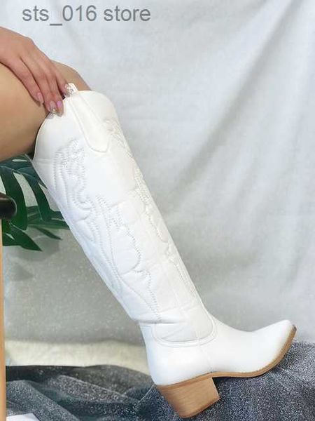

boots cowboy cowgirls western boots autumn winter white knee high boots women big size 41 comfy walking stacked heeled vintage shoes t230824, Black