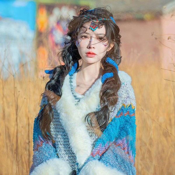 

national style wrap fur collar yunnan shawl temperament female scarf xinjiang dali tibet travel cloak outer, Blue;gray