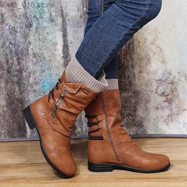 

boots women mid-calf boots autumn winter female casual shoes flat fashion platform round toe zip solid plus size 35-43 t230824, Black