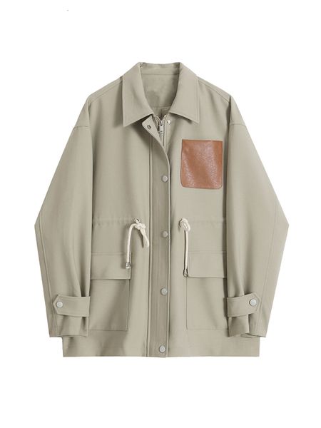 

women's jackets women vintage patchwork short jacket trendy turndown collar pu pocket loose casual single breasted trend thin coat autu, Black;brown