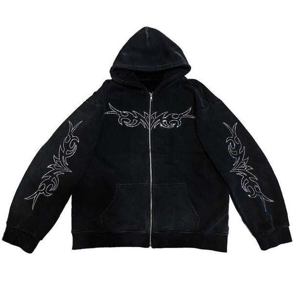 

men's hoodies sweatshirts halloween 2023 fall/winter new hoodie crew-neck loose letter iron drill zipper hoodie waffle t230825, Black